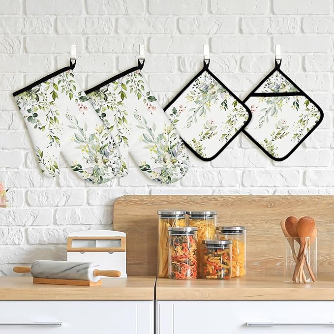 Eucalyptus Leaves Oven Mitts and Pot Holders Sets Sage Green Botanical Floral Kitchen Oven Gloves Hot Pads Farmhouse Potholders and Kitchen Mitts 4Pcs for Baking Cooking BBQ (White)