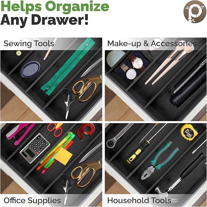 Pristine Bamboo Silverware Organizer - Kitchen Drawer Organizer and Utensil Organizer - Cutlery Tray – Flatware, Utensil and Silverware Holder - Silverware Tray for Drawer (5-Slots, Black)