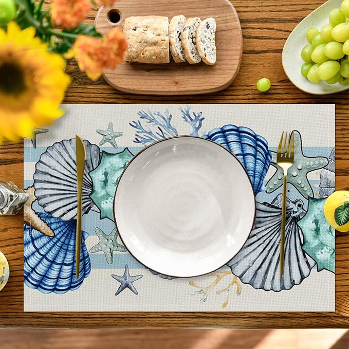 Sea Shell Starfish Beach Placemats Set of 4, 12x18 Inch Seasonal Spring Ocean Coastal Washable Linen Nautical Table Mats for Party Kitchen Dining Decoration
