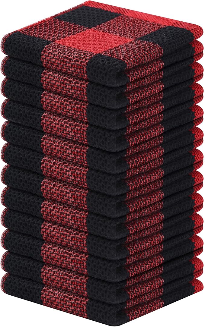 Mordimy 100% Cotton Waffle Weave Plaid Dish Cloths, 12 x 12 Inches, Super Soft and Absorbent Quick Drying Buffalo Check Dish Rags for Kitchen, 12-Pack, Black & Red