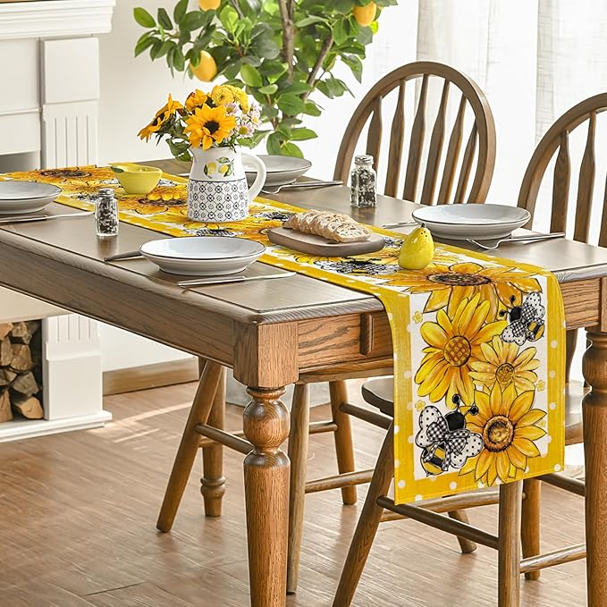 Artoid Mode Sunflower Bee Flower Polka Dot Summer Table Runner, Seasonal Kitchen Dining Table Decoration for Indoor Party Home 13x72 Inch