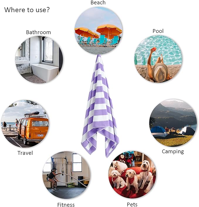 LULUHOME Large Oversized Beach Towel - Big Cotton Towel 36 x 70 Inch Striped Pool Towel, XL Cabana Soft Swimming Towel for Adult Men Women,Light Purple