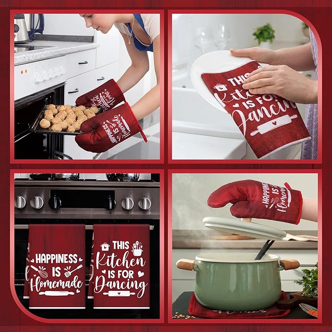 12 Pcs Farmhouse Kitchen Decor Sets 4 Red Kitchen Hand Towels 4 Dish Clothes 2 Rustic Pot Holders 2 Burgundy Oven Mitts Glove Hand Towels and Dishcloths Sets for Home Decorations Accessories Mom Gift