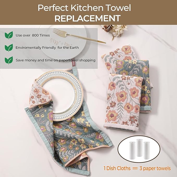 Kitchen Towels 100% Cotton Pack of 8, Highly Absorbent Quick Drying Super Soft Dish Towels for Kitchen with Hanging Loop Hand,Tea Towels 8 Pack,Floral Pattern- 16x15 Inch