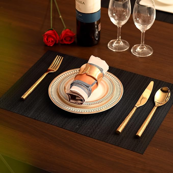 SLKQG Black Placemats Set of 6 - Easy Clean Washable Vinyl Placemats - Wipeable Heat Proof Table Mats for Dining Table - 17x12 Inch (Pure Black, 6)