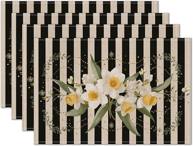 HOMETITUTE Floral Placemats Set of 4 Linen 12x18 Inch Washable Table Mats Black and White Stripes with Daffodil Flowers Decorative Table Placemats Set of 4 Farmhouse Kitchen Dining Everyday Decor