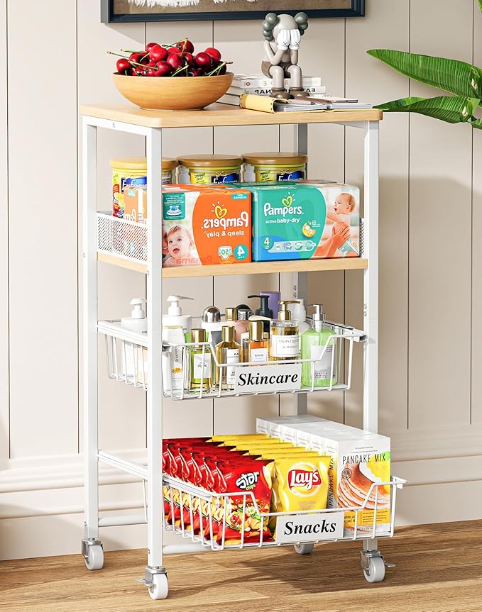 OKZEST 4 Tier Rolling Cart with Drawer Baskets, Metal Utility Storage Cart with Wheels and Wood Top for Living Room, Kitchen, Home Office, Bedroom, Pantry, Baby Essential, Craft, Snack, Makeup, White