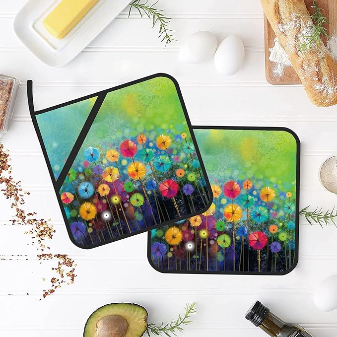 Abstract Floral Watercolor Painting Pot Holders Set of 2 Kitchen Heat Resistant Potholder for Microwave Cooking Baking Oven End Dishes and BBQ