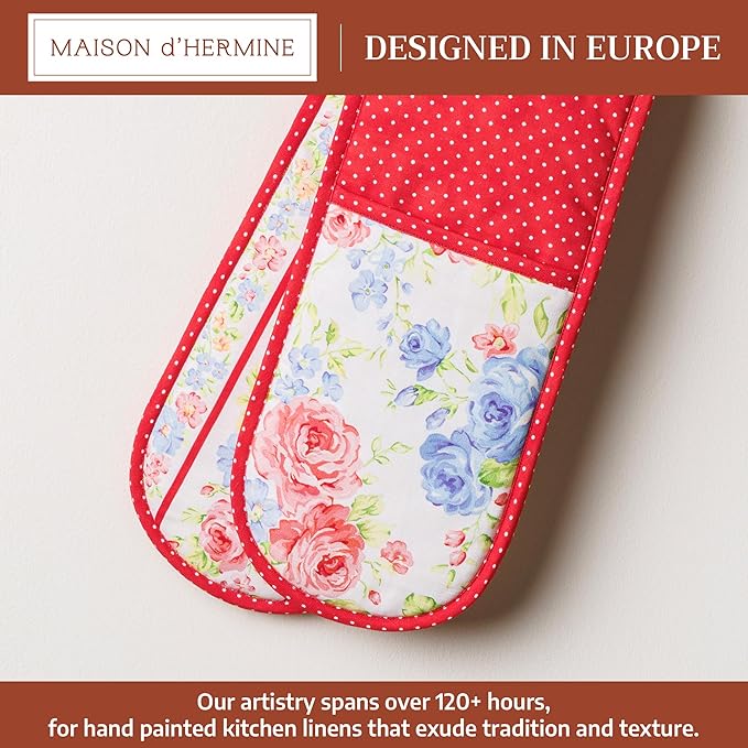 Maison d' Hermine Double Oven Mitts 100% Cotton 7"x35" Double Oven Mitt Heat Resistant BBQ Cooking Gloves with Loop Baking Grilling Gifts for Mothers Day Spring Summer (Vintage Floral)