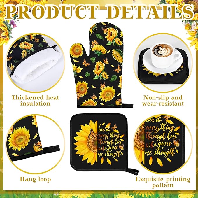 Fourluoo 10 Pcs Sunflower Kitchen Decor Sunflower Oven Mitts and Pot Holders Set Black Dish Towels Summer Rugs Mats Farmhouse Kitchen Accessories for Chef Baking Cooking Grilling BBQ Women Home Gift