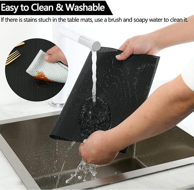 SLKQG Black Placemats Set of 8 - Easy Clean Washable Vinyl Placemats - Heat Resistant Placemats for Kitchen Table - PVC Table Mats for Dining Table (Pure Black, 8)