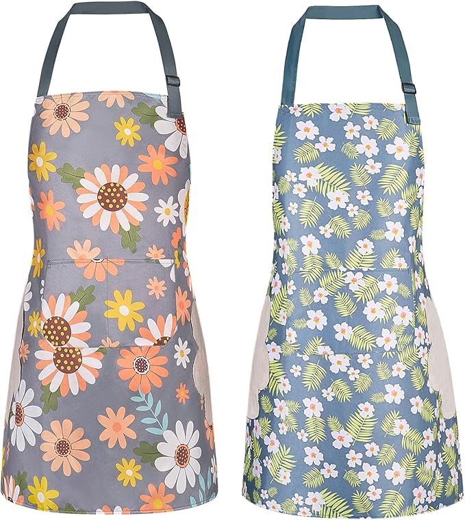 DILLMAN 2 Pack Floral Aprons with Pocket Blooming Womens Waterproof Adjustable Cooking Aprons Kitchen Gardening Salon