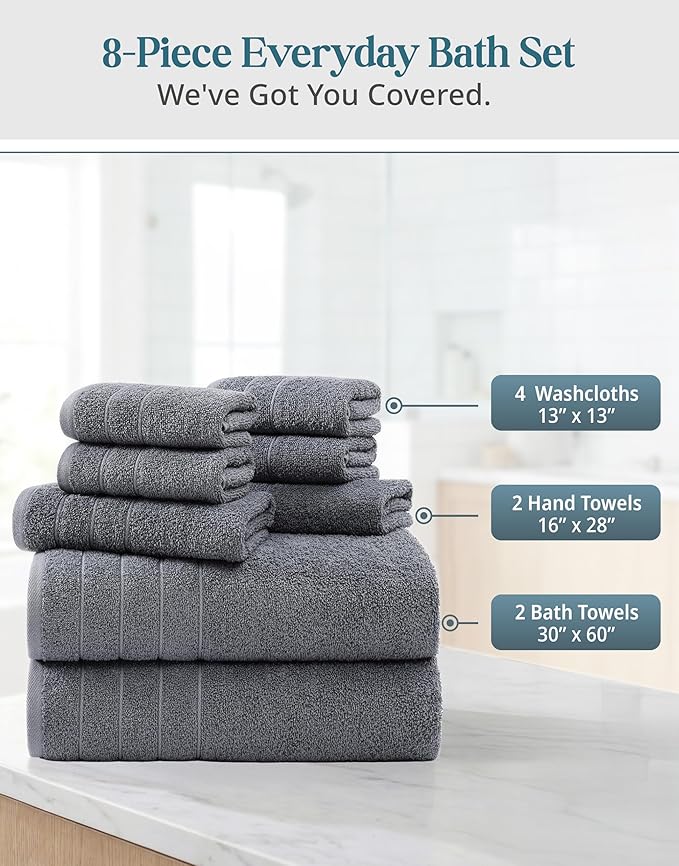 Casa Platino Premium Cotton Towels Set for Bathroom - 8 Pc Value Pack - Mercerized, Soft & Quick Dry - 2 Bath, 4 Washcloths, 2 Hand Towels - Oeko TEX Certified, Tumble Dry Safe & Durable - Cool Grey