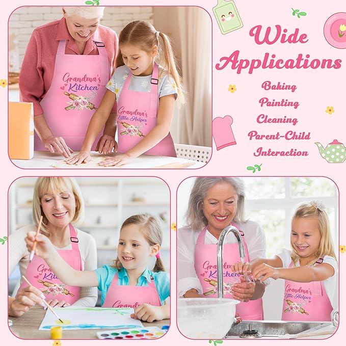 R HORSE 2Pcs Adults Kids Matching Apron Set Grandma and Me Adjustable Kitchen Apron with 2 Pockets Matching Gift for Grandma and Granddaughter Cooking Baking Painting Training Back to School Gifts