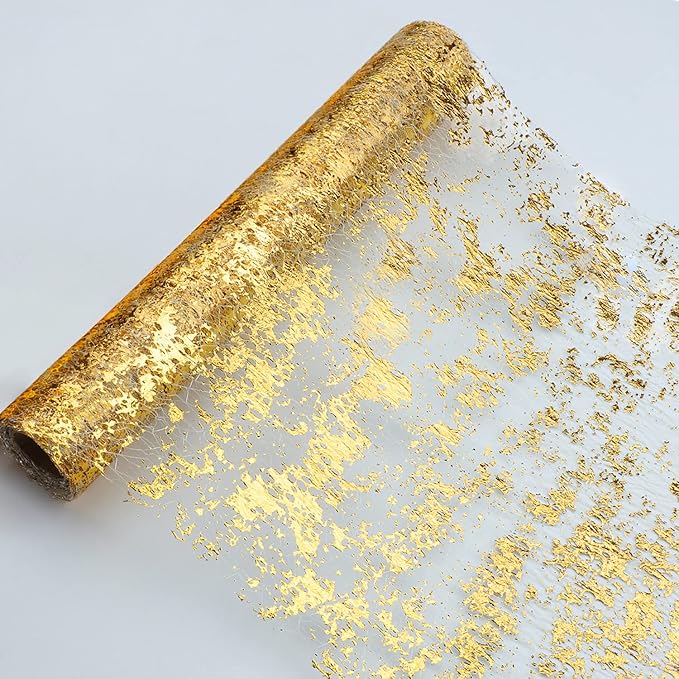 Snowkingdom Glitter Metallic Gold Table Runner 11 Inch x 32 Feet Thin Mesh Sparkle Runner Roll Gold Table Decorations for Wedding Bridal Shower, Baby Shower, Christmas, Birthday Party （1PC）