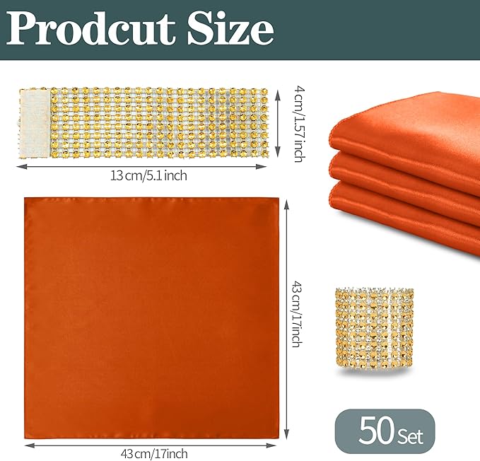 RUDONG M 100 Pcs Orange Satin Napkins and Napkin Rings Set, 17 x 17 Inch Square Cloth Napkins Set of 50, Silky Soft Table Napkins Bulk for Weddings, Banquet, Parties Dinner Decoration