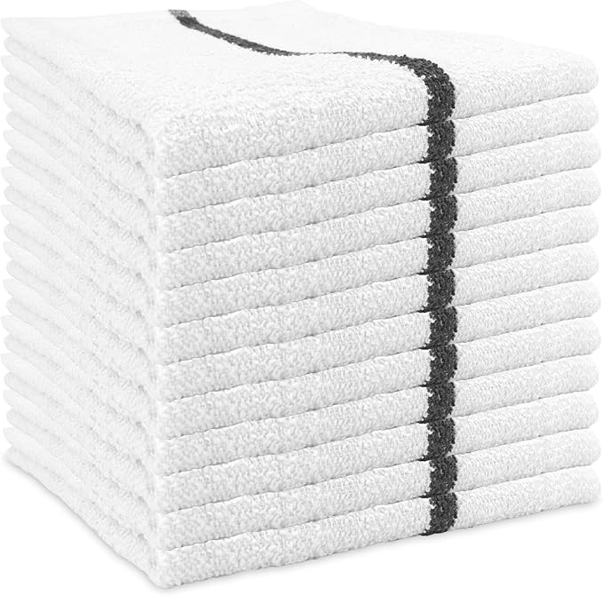 Arkwright Bar Mop Towels, Pack of 12, 100% Cotton Kitchen Dishcloths, Absorbent Quick Dry Cleaning Cloths for Restaurant, Bar and Home Kitchen, 16 x 19 in, White/Black