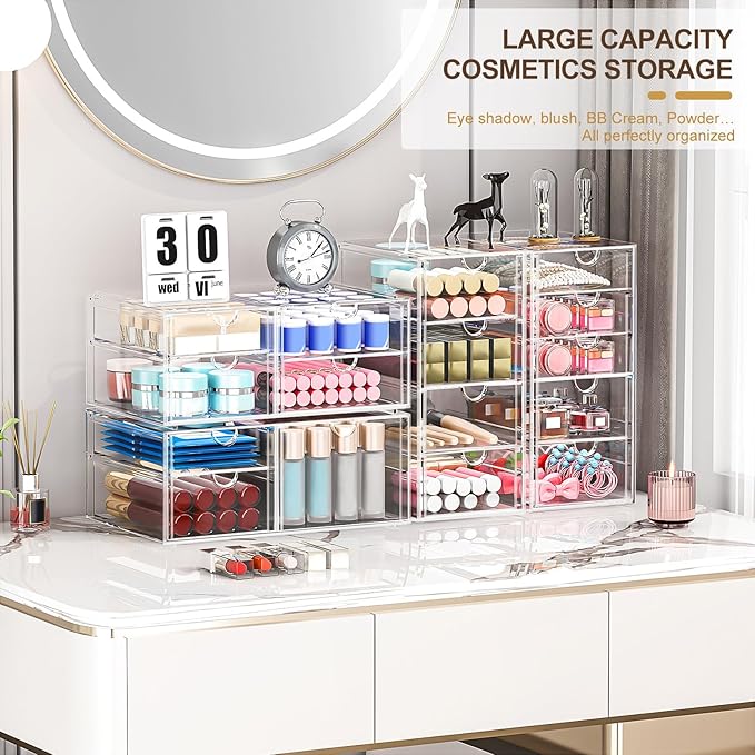 caktraie Makeup Organizer Storage with 16 Drawers, 4 Pcs Desktop Office Supplies, Desk Organizers, Clear Accessories, Dustproof Storage Drawer and for Make Up, Jewelry, Pen, Stationary