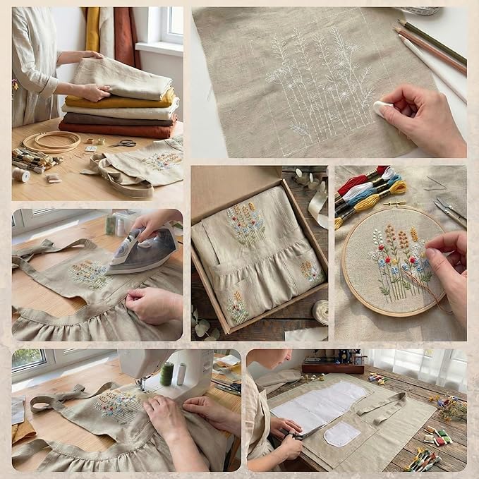 +Linen Embroidered +Apron For +Women With +Pockets, Cute Kitchen Apron, +Cooking +Baking Gifts For Her