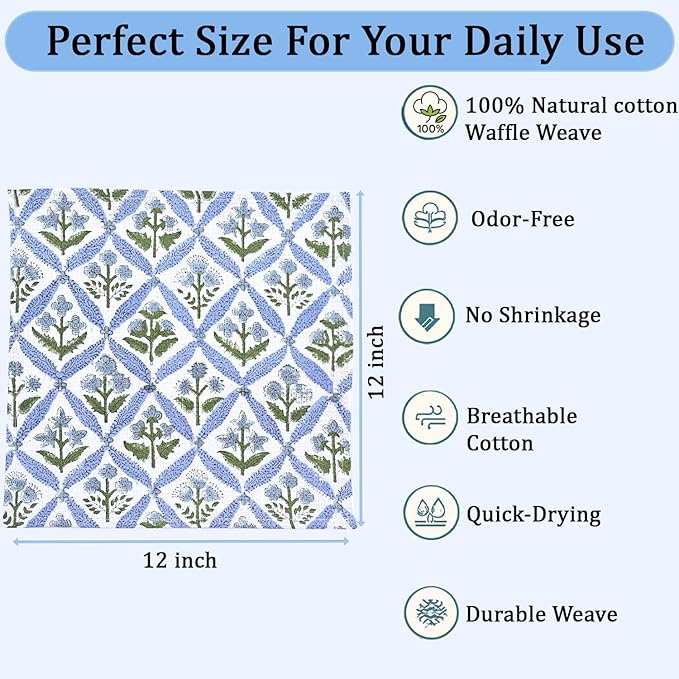 Ridhi Light Steel Blue Hand Block Print Cotton Waffle Dish Cloth Set of 12-12x12 Inch Super Absorbent, Soft, Reusable Kitchen Towels for Dish Drying Cleaning, Ideal for for Spring, Easter, Valentine