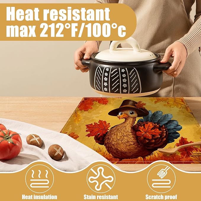 Thanksgiving Turkey Placemats Set of 6, Fall Maple Leaf Linen Place Mat Washable Stain Resistant Table Mats for Farmhouse Kitchen Party Decor 12x18 Inch
