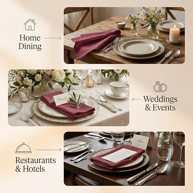 ACCENTHOME Accent Home 100% Cotton Napkins, Delicate Cloth Napkins for Dinners, Parties and Weddings，18 x 18 Inch Set of 12 - Burgundy