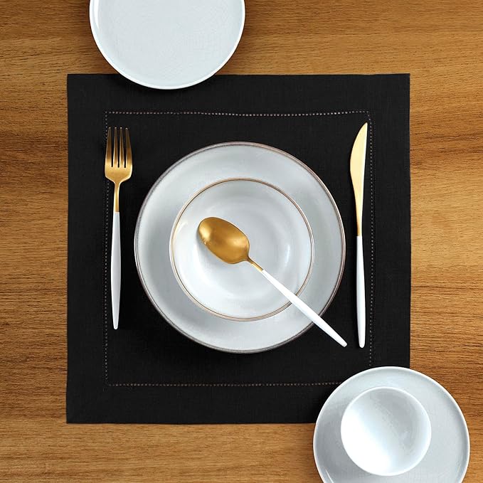 Solino Home Linen Square Placemats Set of 4-100% Pure Linen Black Cloth Placemats 14 x 14 Inch - Classic Hemstitch, Machine Washable Place Mats for Spring, Summer, Mothers Day