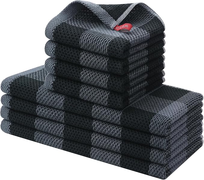 Homaxy Kitchen Towels and Dishcloths Set, 12 x 12 and 13 x 28 Inches, Set of 8 100% Cotton Waffle Weave Check Plaid Kitchen Dish Towels, Super Soft and Absorbent Dish Cloths, Black & Grey
