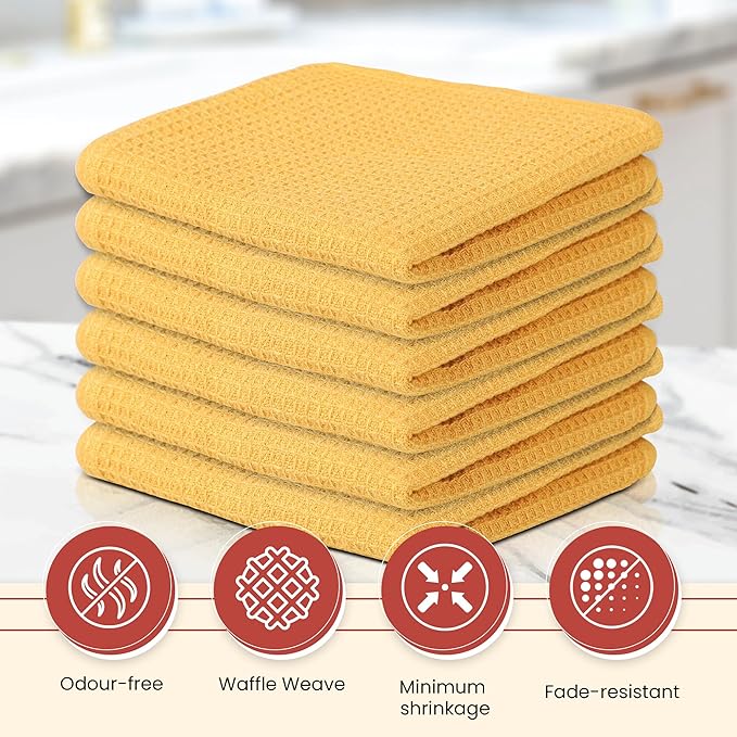 Vintage Vista 100% Cotton Waffle Dish Cloths (Pack of 6) - Dish Rags for Washing Dishes - Reusable & Highly Absorbent Kitchen Towels - Kitchen Rags fo Easter - (12" x 12" - Yellow)