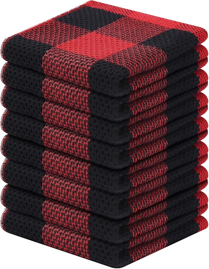 Homaxy 100% Cotton Waffle Weave Check Plaid Dish Cloths, 12 x 12 Inches, Super Soft and Absorbent Dish Towels Quick Drying Dish Rags, 8-Pack, Black & Red