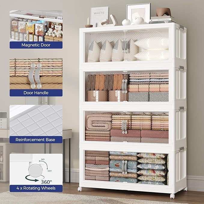 180QT Extra Large Stackable Storage Bins with Lid, 45Gal Plastic Closet Organizers and Storage Drawer, Collapsible Cabinet Box with Wheels Clear Doors for Home Kitchen Office, 3Pack White