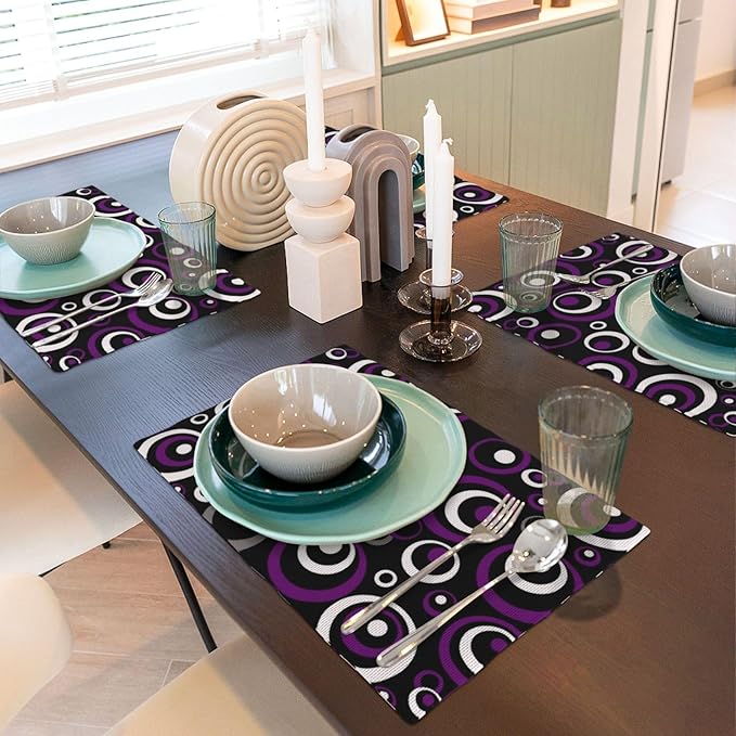 Purple Black Geometric Circles Linen Placemats 12 x 18 Inch Set of 4, Washable Heat Resistant Purple Table Mats for Dining Table Kitchen Party Wedding Outdoor, Modern Home Decor & Gift for Art Lovers