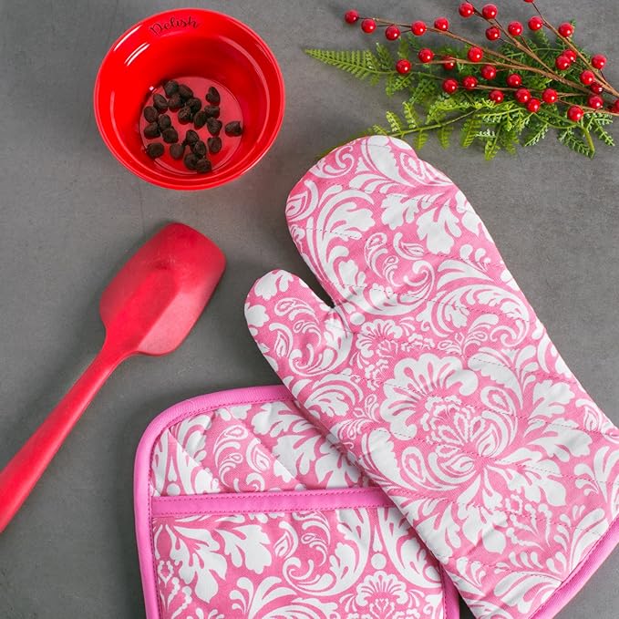 DII Quilted Kitchen Oven Mitt & Potholder Set, Hanging Loop for Convenient Storage, OM 6.5x12/PH 8x8.5, Pink Damask Print, 2 Piece