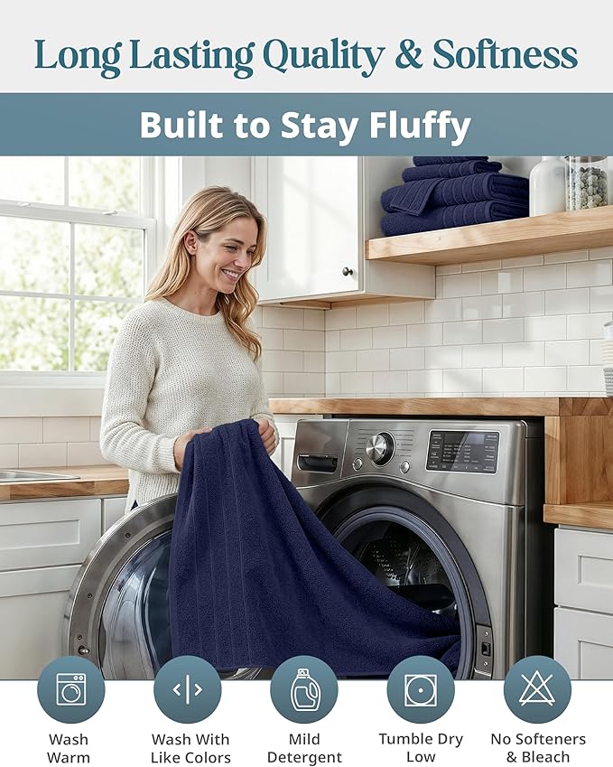 Casa Platino Luxury Cotton Bath Towel Set - 18 PCs - Low Twist, Soft & High Absorbency - 6 Bath, 6 Wash Cloth, 6 Hand Towels - Classic Hotel Quality, Durable & Ideal for Modern Bathrooms - Navy Blue