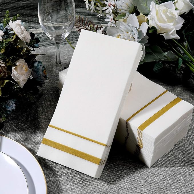 FOCUSLINE 200 Linen Feel Disposable Bathroom Napkins, Soft and Absorbent Paper Guest Towels, Cloth-Like Hand Towels Decorative Paper Napkins for Parties, Weddings, Dinners or Events, Gold, 12" x 17"