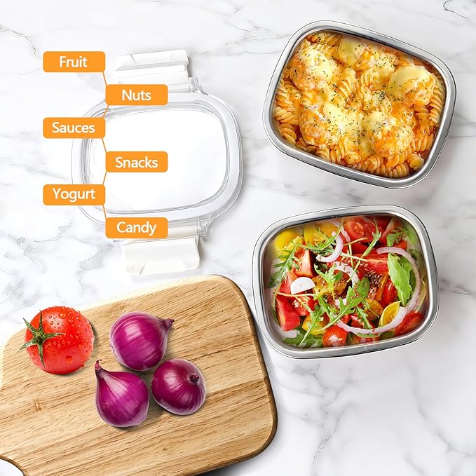 3 Pack Stainless Steel Reusable Snack Containers with Lids - 8.45 oz Small Metal Snack & Lunch Food Boxes, Shatterproof Leakproof Freezer Safe Meal Prep Containers for Portioning Snacks, Dips