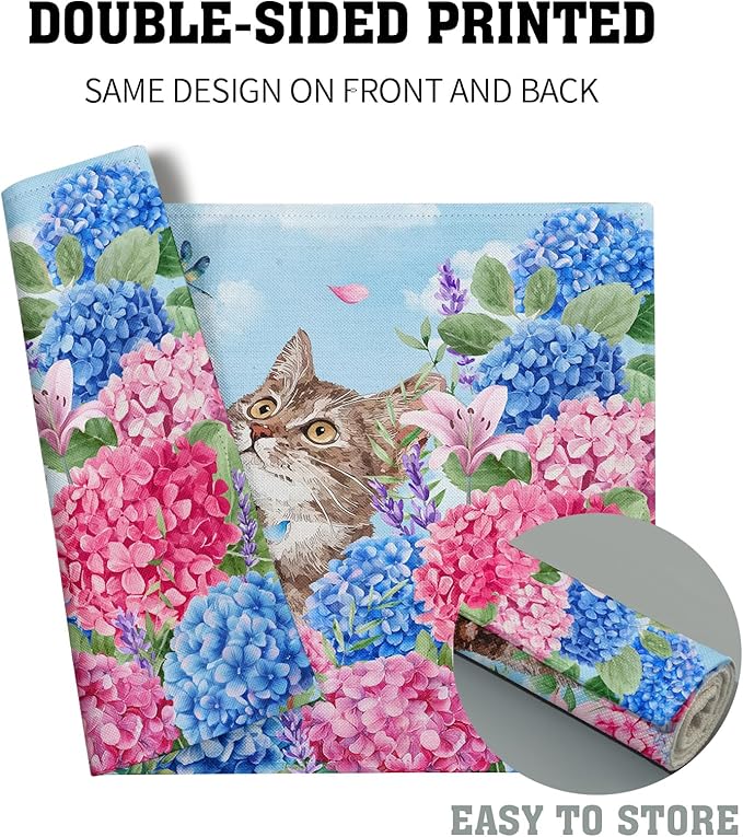 Hydrangea Flowers Cat Spring Placemat Set 12x18 in Seasonal Holiday Table Mats for Party Kitchen Dining Decoration