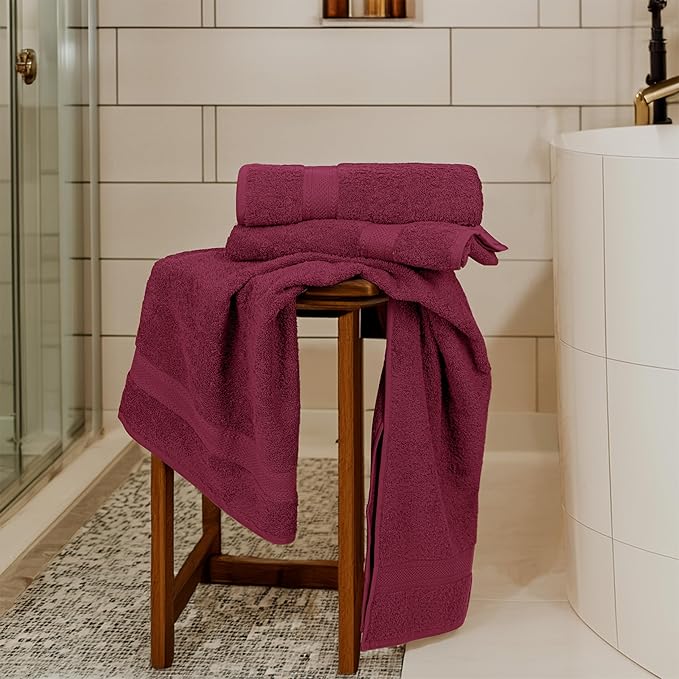 Large Bath Towels Set of 6 – 100% Cotton Terry – 24" x 50" – Quick Dry, Soft & Highly Absorbent – Burgundy Towels for Bathroom, Gym, Spa, Pool & Daily Use