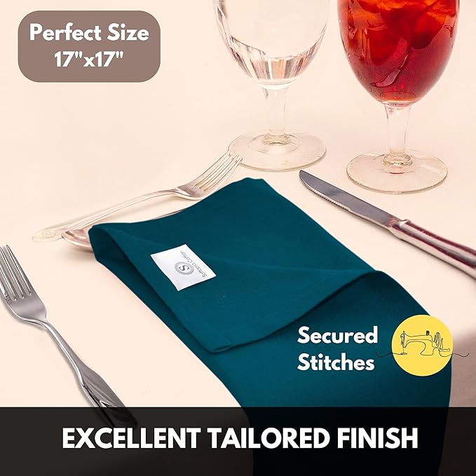 Cloth Napkins 17"x17" 100% Cotton Decorative Washable Table Napkin for Kitchen, Party, Wedding, Restaurant & Camping - Teal Green (Set of 12)
