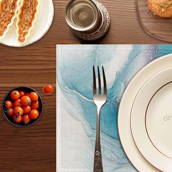 Teal Blue Placemats Set of 6,Washable Heat Resistant 12×18 Inch Linen Table Mats Marble Texture Place Mats for Party Outdoor Dining Décor