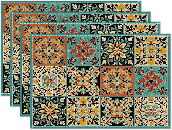 HOMETITUTE Placemats Set of 4 Linen 12x18 Inch Washable Table Mats Colorful Vintage Pattern Place Mats Farmhouse Style Autumn Placemats Kitchen Dining Table Decor