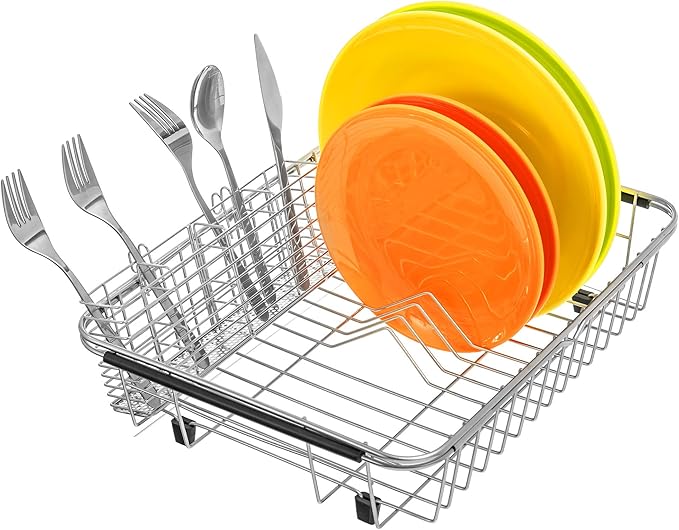 Slideep Stainless Steel Cutlery Utensil Holder Silverware Organizer with Hooks removable Drying Rack Silverware Holder Utensil Cutlery Basket Kitchen Dish Drainer Dish Drying Rack