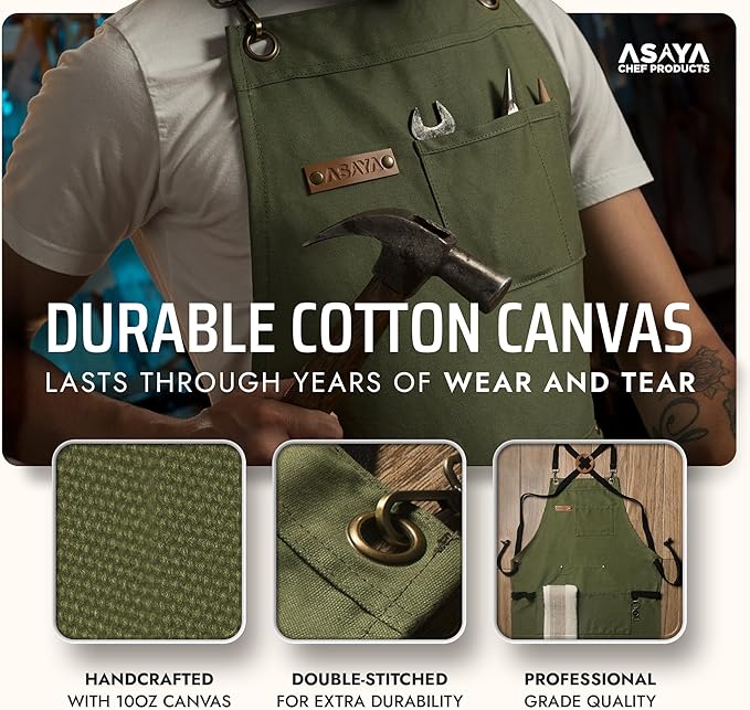 Asaya Chef and BBQ Apron with Bottle Opener and Hand Towel - 10oz Cotton Canvas, Stainless Steel Hardware - Cross Back Straps
