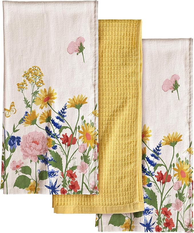 Miss Adola 3pcs Cotton Kitchen Towels - 270 GSM 15x25 Inch Terry Cloths Reusable Dish Cloths for Cleaning Absorbent Soft Hand Tea Towels with Hanging Loop for Housewarming Home Decor, Retro Flower