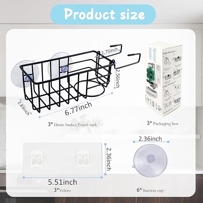 Sponge Holder with Dish Cloth Hanger for Kitchen Sink, In-sink Caddy Organizer with Suction Cups & Adhesive Strips, Rustproof Sponge Rack for Soap, Brush, Scrubber - Black（3 Pack）