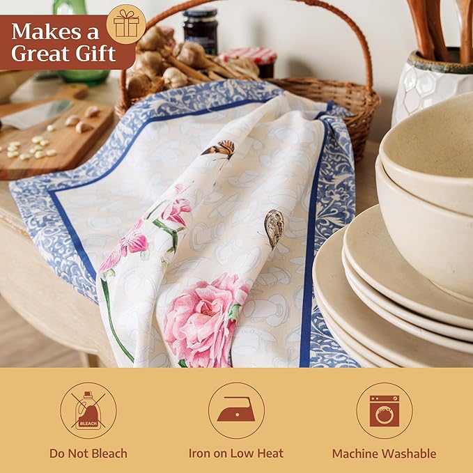 Maison d' Hermine Kitchen Towels Set of 3 100% Cotton 27.50" x 20" Reusable Cloth Tea Dish Towels Absorbent with Hanging Loop for Kitchen Gifts for Mothers Day Spring/Summer (Canton)