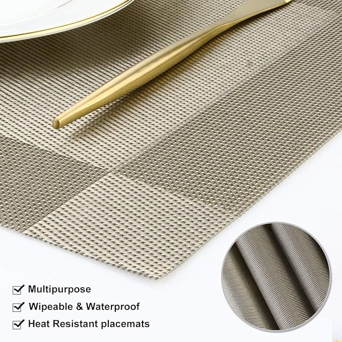 DACHUI Heat-Resistant Placemats Stain Resistant Anti-Skid Washable PVC Table Mats Woven Vinyl Placemats (4pcs, Coffee-Cross)