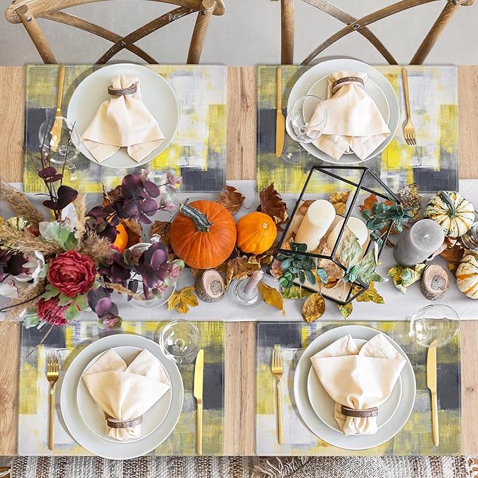 Emvency Farmhouse Placemats Set of 4, Vintage Yellow and Dark Gray Abstract Art Painting 12x18 Inch Table Mats for Outdoor Home Party Kitchen Dining Decoration