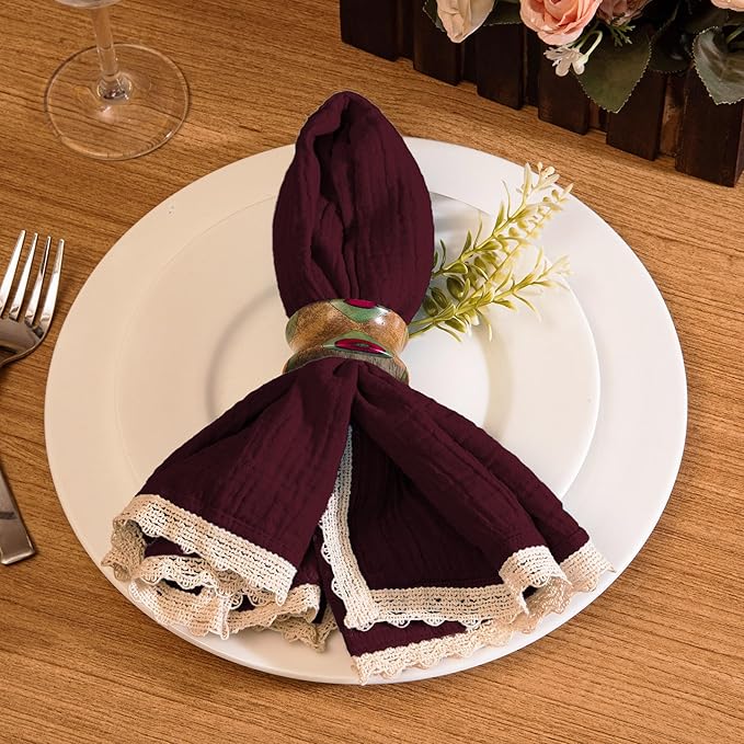 Fingercraft Dinner Cloth Napkin Cotton Muslin Double Gauze 8 Pack with Classic Lace for Everyday Use, Wedding, Party, Christmas, Easter Napkins Cloth are Pre Shrunk and Good Absorbency Chocolate