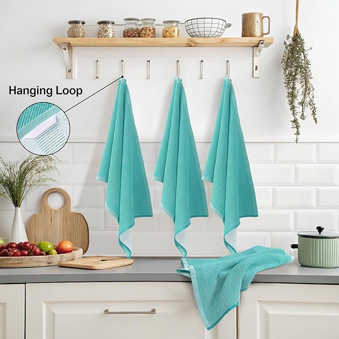 Mordimy Premium Kitchen Towels 8 Pack (18 x 28 Inches, Teal), Large Cotton Kitchen Hand Towel, Flat & Terry Dish Towels for Drying Dishes, Super Absorbent Tea Dishtowels Set with Hanging Loop
